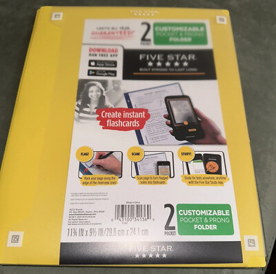 Five Star Customizable Pocket & Prong Yellow Folder,  Create Instant Flashcard