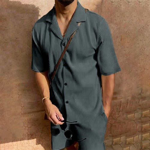 New Men Corduroy Shorts Short Sleeve Shirt Set Beach Brand New Casual Style - Picture 11 of 29