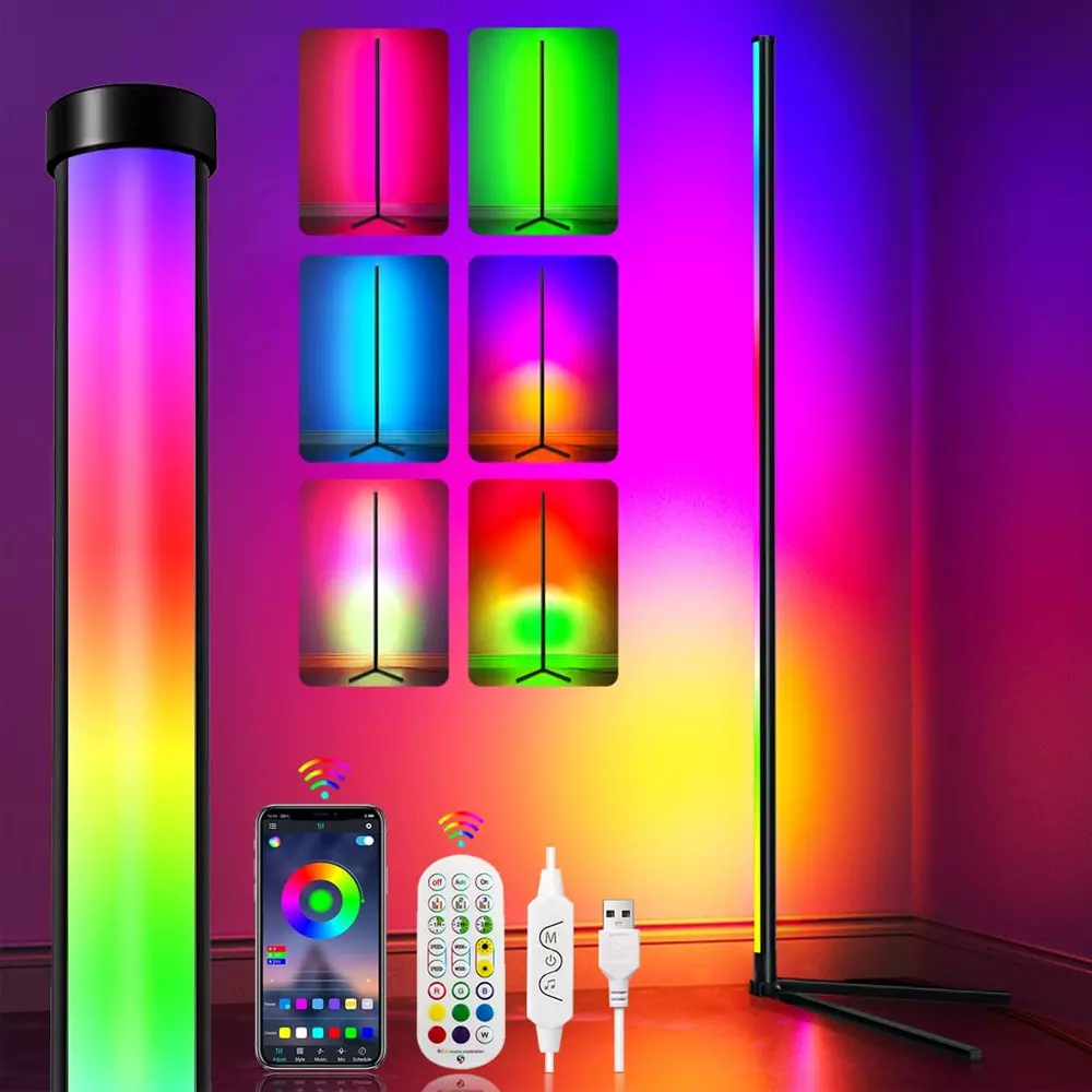 Remote APP LED RGB Floor Lamp Light Strip Corner Stand Streaming Room Dimmable