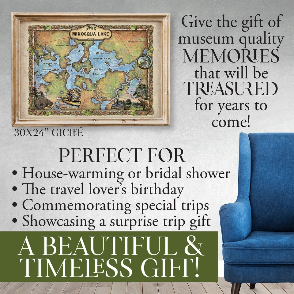 Impresión artística de mapa de la cadena de lagos de Minocqua - Póster de decoración de la casa de los lagos de Wisconsin regalo Foto 3 de 4