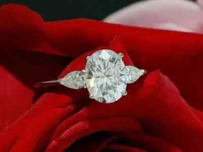 2 Ct Oval Cut Simulated Diamond 14k White Gold Plated 3 Stone Engagement Ring