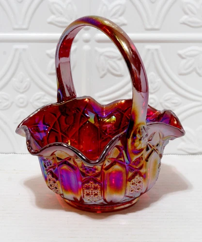 LE Smith Glass Basket Ruby Red Iridescent Quintec Cut Carnival Glass Vintage 8"