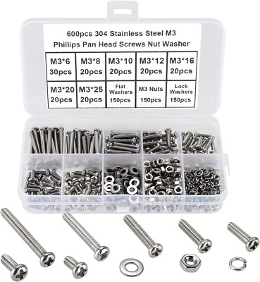 M3 Linsenkopfschrauben Schrauben & Muttern Scheiben Kit DIY Set Philips Box Set 600 Teile