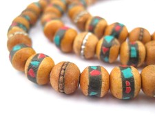 Inlaid Sandalwood Mala Beads 8mm Nepal Brown Round Wood 32 Inch Strand