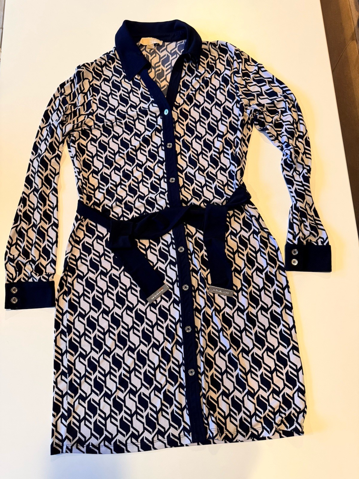 Michael Kors Navy White Geometric Shirt Dress Collared Long Sleeve Belted M