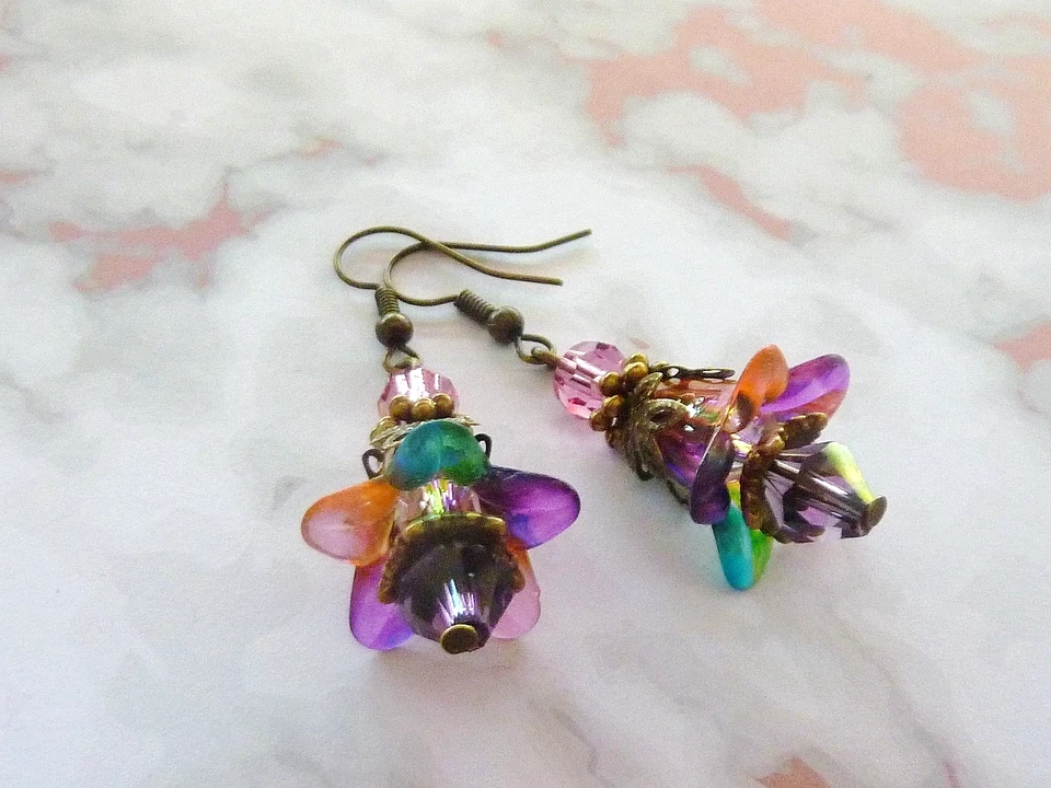 Bell Flower Earrings Hand Painted / Swarovski Crystal Beads SB10 - image 2 of 4
