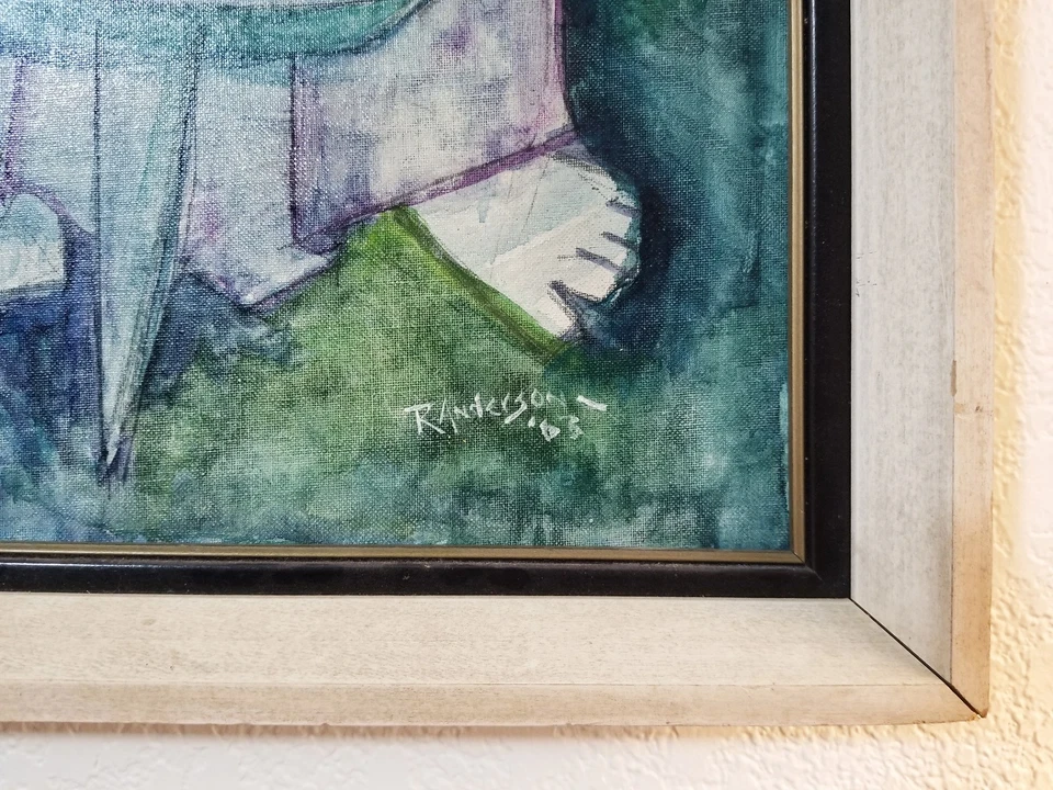 БОЛЬШОЙ СТАРИННЫЙ АНГЕЛ КАРТИНА МАСЛОМ ~ ПОДПИСАННЫЙ ~ 1963 СЕРЕДИНЫ ВЕКА СОВРЕМЕННЫЙ ~ В РАМКЕ - Изображение 3 из 4