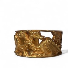 Bracelet Manchette Laiton Doré Orné Volutes Vintage Signé CCB - Occasion - Style Bohème