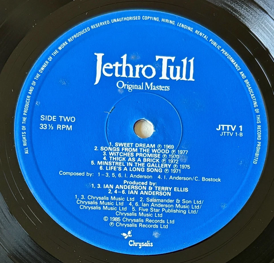 JETHRO TULL ORIGINAL MASTERS LP CHRYSALIS (1985) EX- ROCK UK - Image 2 of 4
