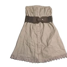  New Womens Strapless Belted Brown Cotton Mini Dress Lace Trim Sz Small 