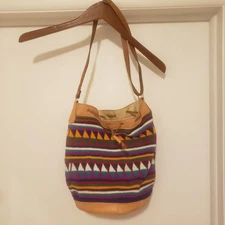 Handmade Crocet Handbag Leather Strap & Trim Southwest Design