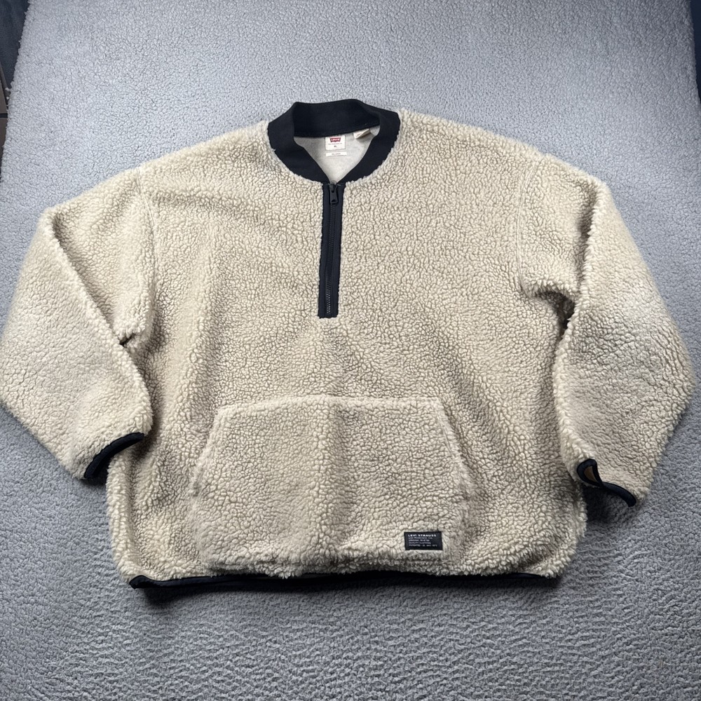 Levis Mens XL Sherpa Fleece 1/4 Zip Pullover Sweatshirt Cream