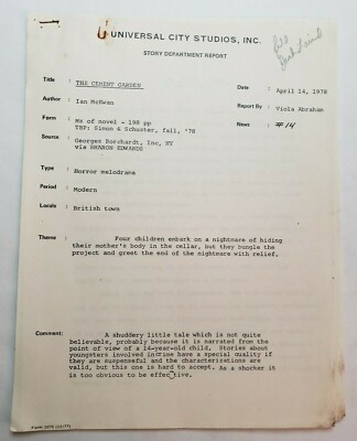 CEMENT GARDEN / Ian McEwan 1978 Story Department Report, Horror melodrama