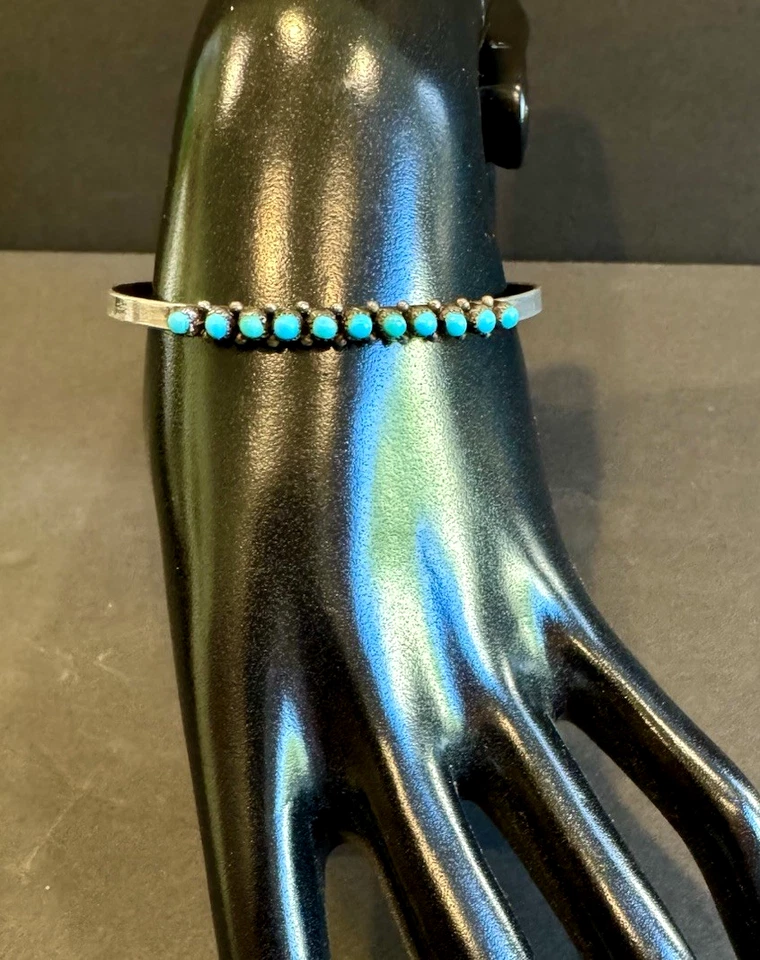 Vintage ZUNI Snake Eyes Turquoise Sterling Silver Bracelet Sleeping Beauty 1950s - Image 2 of 4