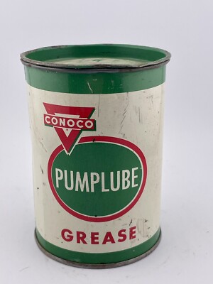 Vintage Conoco advertising pumplube 1lb grease can full oil and gas collectible