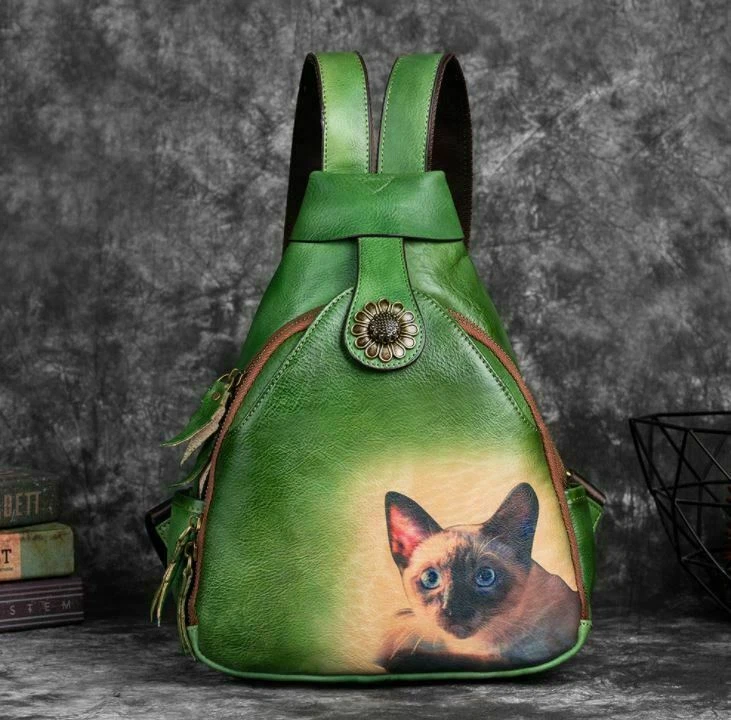 Best Green Leather Rucksack Womens Vintage School Backpack With Rivet