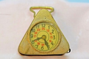 Antique triangular carriage clock tape measure, plated brass and steel, German