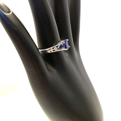 10K SOLID WHITE GOLD LAB CREATED SAPPHIRE & GENUINE DIAMOND RING SZ 6.5 - Picture 7 of 12