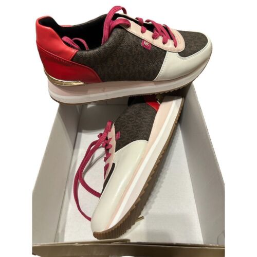 Michael Kors Monogram Sneakers Red Brown White Casual Fashion Shoes US 11
