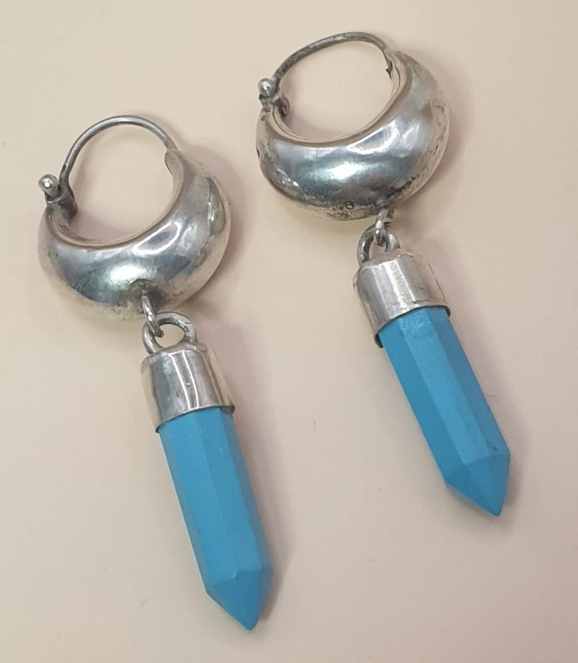 Vintage Türkis Silber Ohrringe / Creolen ca. 16 x 46 mm - Bild 4 von 4