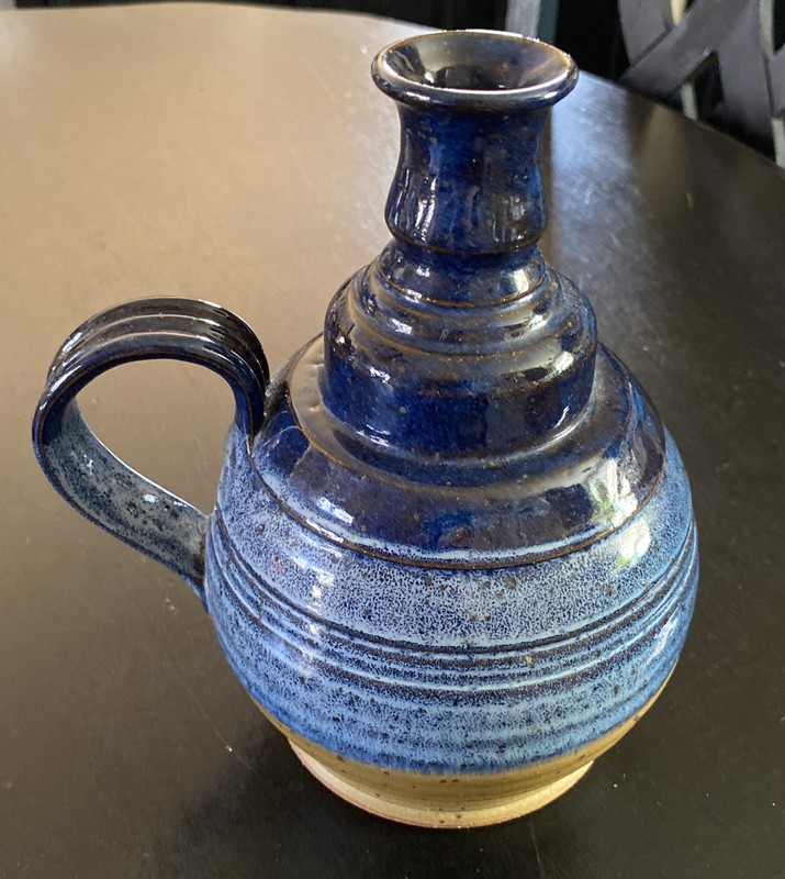 Paige Pottery One Wick Oil Lamp Blue beige speckled Handled Pitcher -Very Nice!!