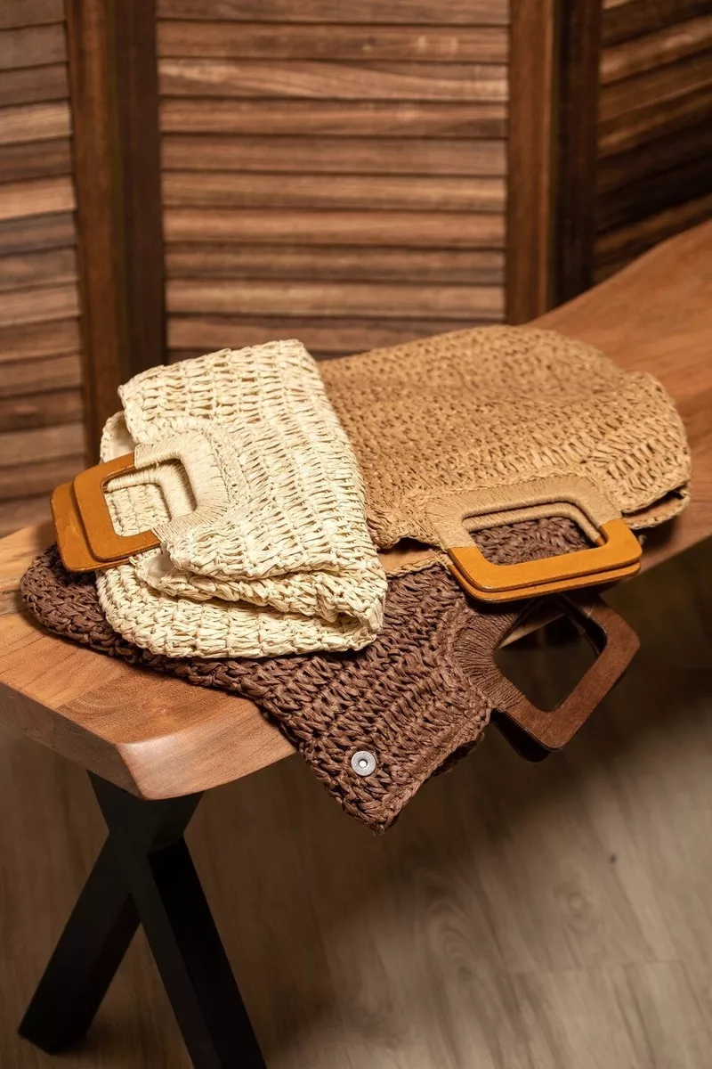 Natural Straw Crochet Bag with Wooden Handle Purse eBay