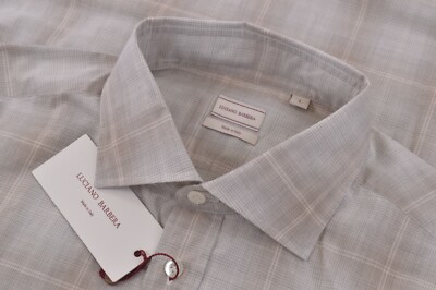Luciano Barbera NWT Sport Shirt Size L In Light Tans Gray & White Plaid Cotton