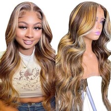 Body Wave Highlight Ombre Lace Front Wig Human Hair Pre Plucked 13x4 HD Transpar