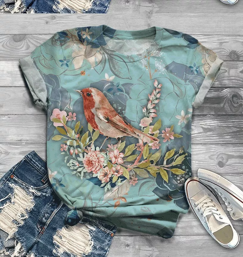 3D Print T Shirt Damen short sleeve Top Sommer Shirt Vogel Papagei