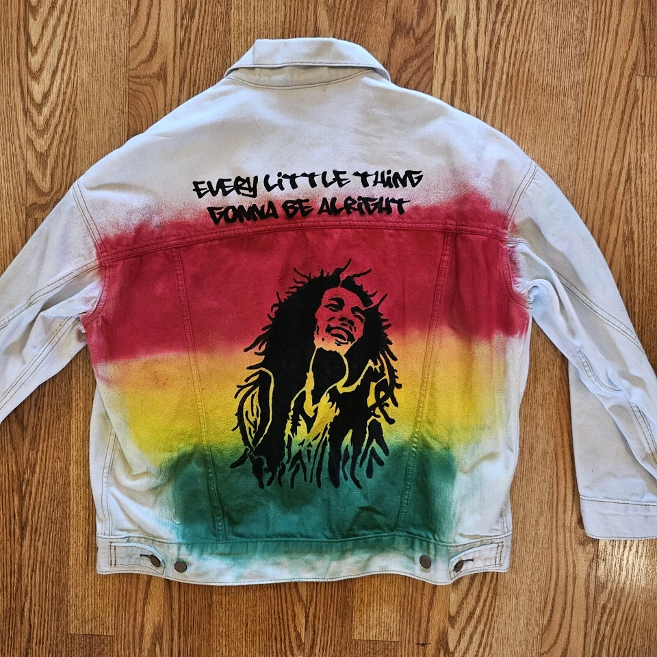 Bob Marley Stencil Spray Painted Denim Jean Jacket Upcycled - Image 3 of 4