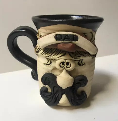 Funny Face Mug Coffee Cup Dad Stoneware Clay Bradford Pottery Art 3D Mustache 4"