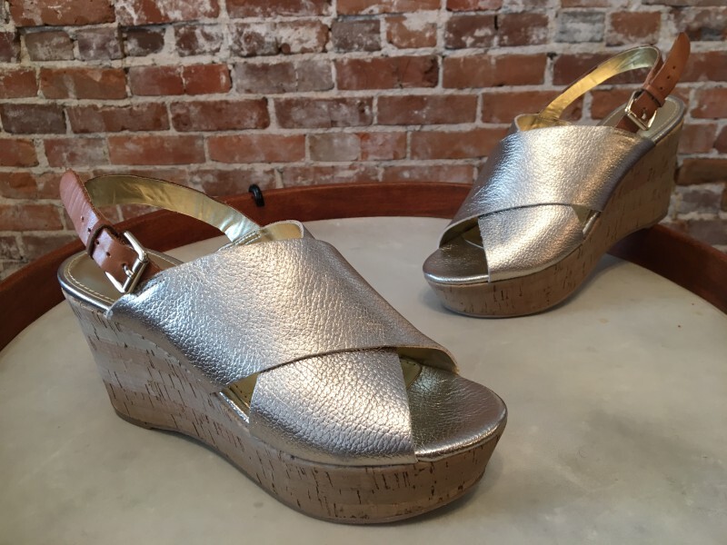 Marc Fisher Sesame Gold Leather Cross-band Back-Strap Wedge