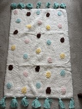 White W/Multi Colored Polka Dot Bath Rug Mat W/Teal Tassels Chenille 44 x 24"