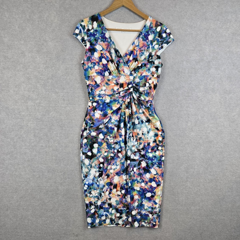 Anthea Crawford Dress Womens Size 10 Multicolour Abstract Print Ruched Knee Leng