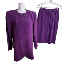 Vintage Papell Too 100 Silk Skirt Suit Purple Double Breasted Blazer Set 6