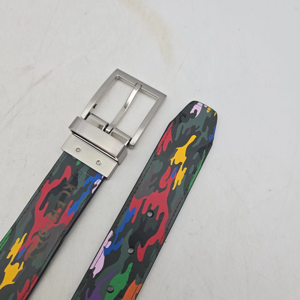 Cinturón Kenneth Cole Reaction Gris Camuflaje Negro Reversible Cuero Sintético Para Hombre 38 Hebilla Foto 3 de 4