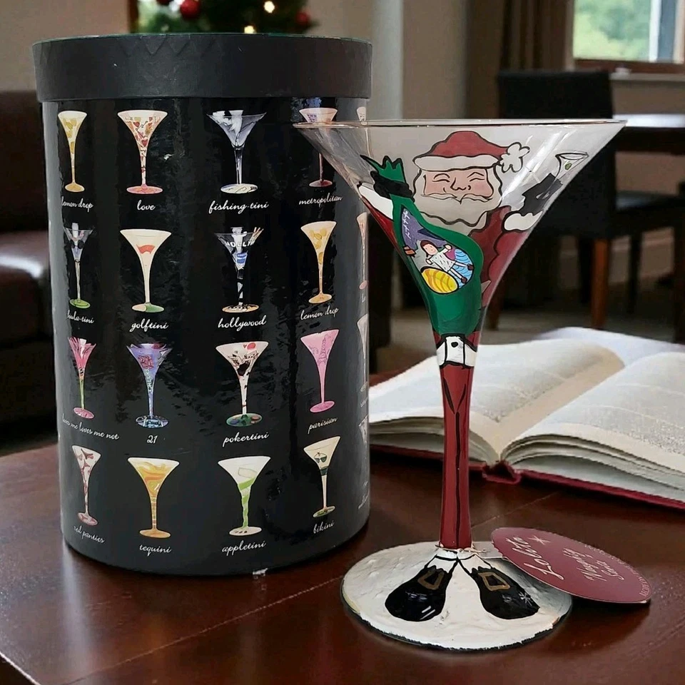 Receta de vidrio Martini pintada a mano Lolita Naughty Santa nueva con etiquetas en la parte inferior IOB Foto 2 de 4