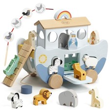Joyreal Wooden Noah's Ark Toy for 1 Year Old Baby Boy and Girl Baptism Gift -...