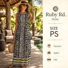 Ruby Rd Petite Maxi Dress Womens PS Black Leopard Striped Bold Safari Vacation