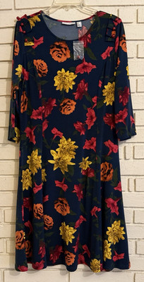 Susan Graver Dress Womens Med.- Blue Floral Print 3/4 Sleeve Fit Flare Midi NWOT