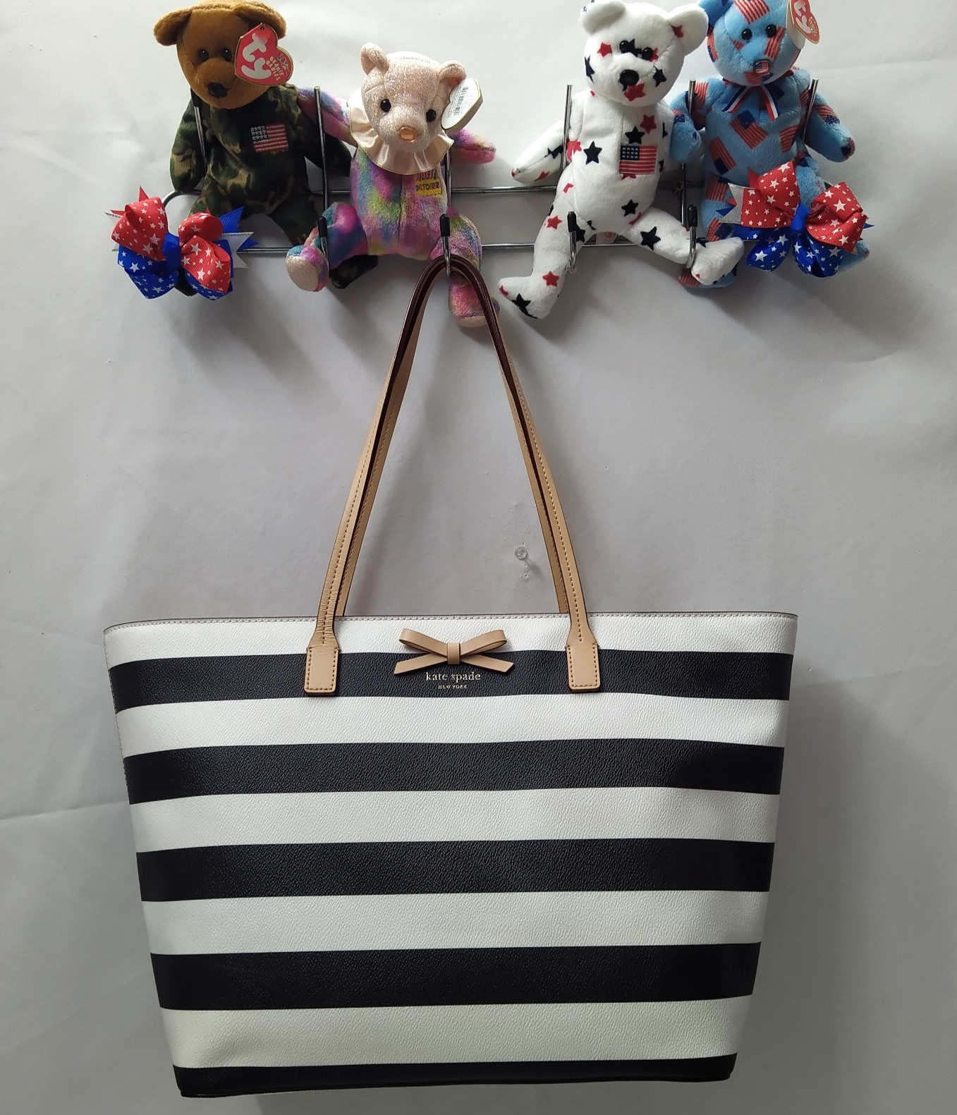 Kate Spade Black White Stripe Leather Double Handles Zipper Tote Bag thumbnail 7