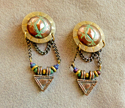 VTG Ottoman Style Shield Beautiful Copper Patina Dangle Clip Handmade Earrings