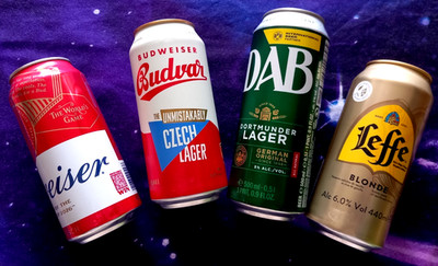 x 4 LEERE BIERDOSEN BUDWEISER FUSSBALL WM, DAB, BUDVAR, LEFFE BELGIEN