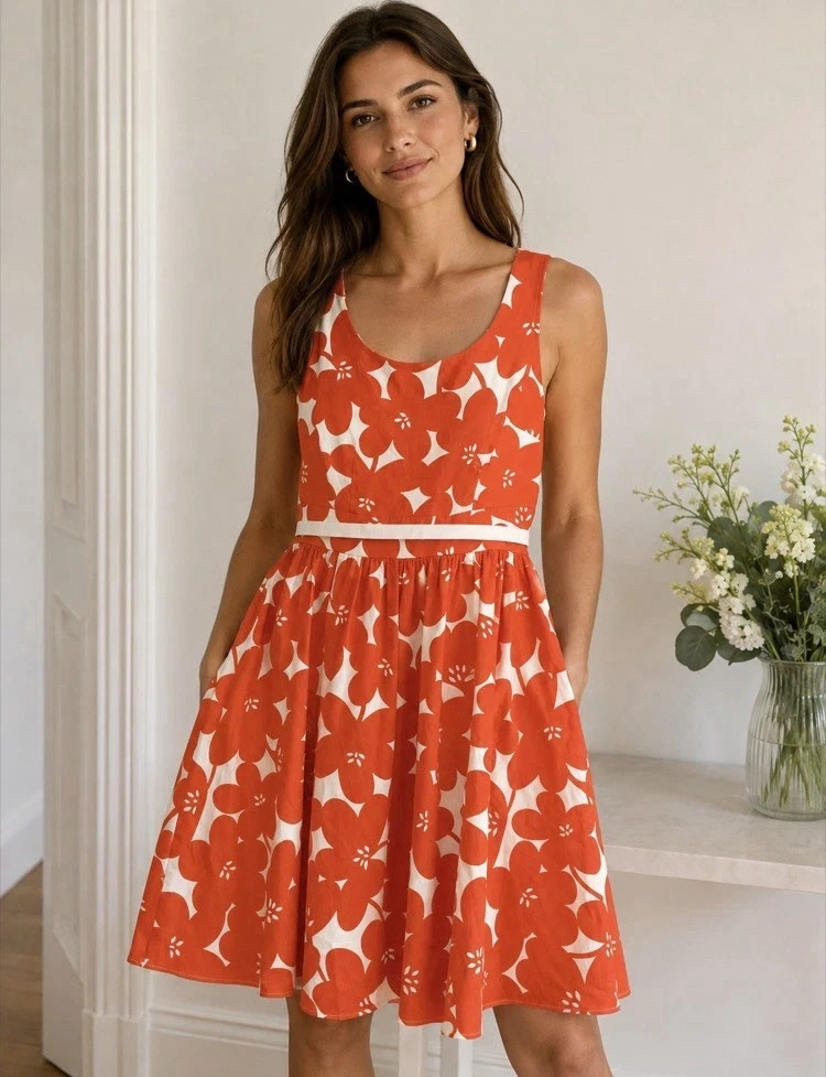 Boden Women’s Cotton Dress Size 12 Orange Floral Print Sleeveless Summer