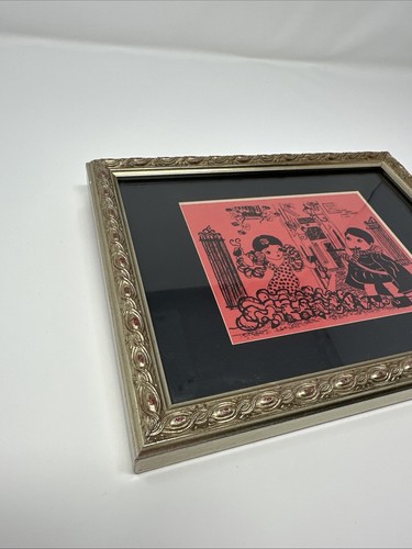 VTG Mid century Spainish Cartoon Art Print Manila Clargh Red Black Dancer Framed - Picture 2 of 6