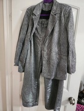 Silver Shiny Double-Breasted Blazer Long Sleeve Pant Suit Set Party/Cocktail