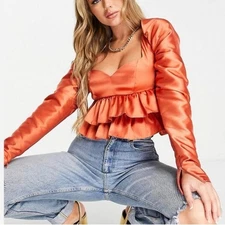 Asos Luxe Satin Babydoll Blouse Ruffle Blouson Sleeve Cinnamon Long Size 6 NWT
