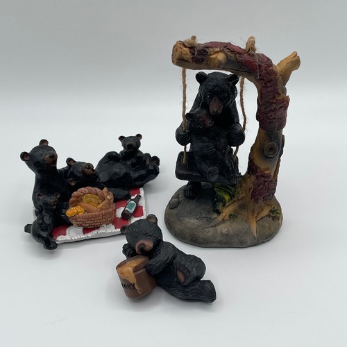 Black Bear Figurine Set Picnic Swing Honey Pot Resin Cabin Decor 3 Piece Lot