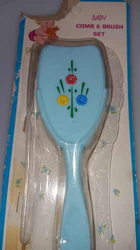 1960s Vintage Baby Blue Brush Soft Nylon Bristles Set Floral EXC APPEARS UNUSED