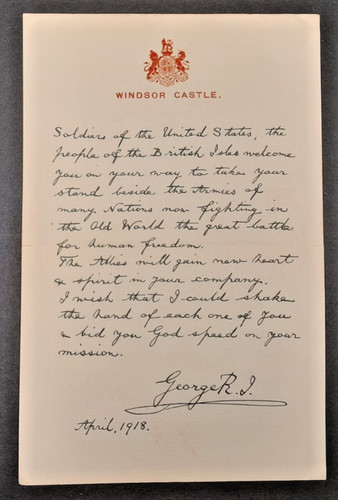 World War I Letter King George V to Soldiers  April 1918  Windsor Castle-Vintage